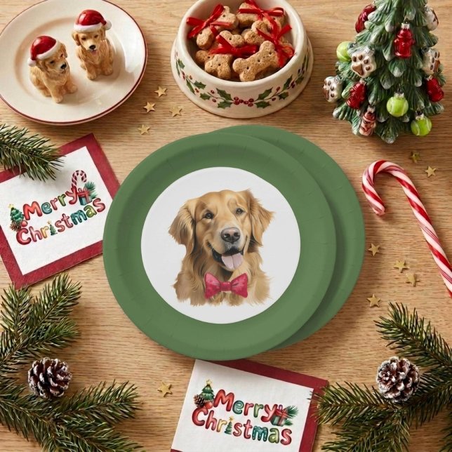 Papel Prato de Natal de Cachorro Golden Retriever Fofo (Criador carregado)