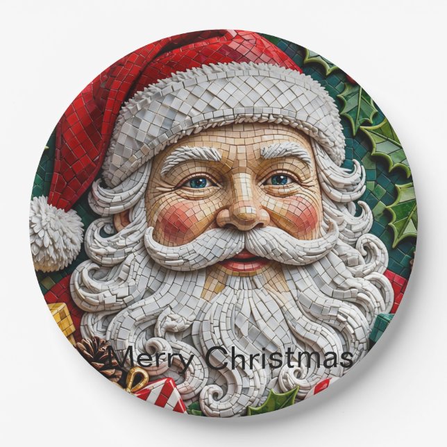 Papel Prato de Natal Mosaico do Papai Noel 3D (Frente)