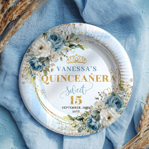 Papel Prato de Quince Personalizado com Flores Azuis e B