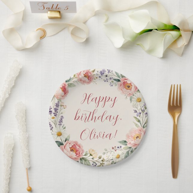 Papel Prato Personalizado de Flores para Feliz Aniversár (Casamento)