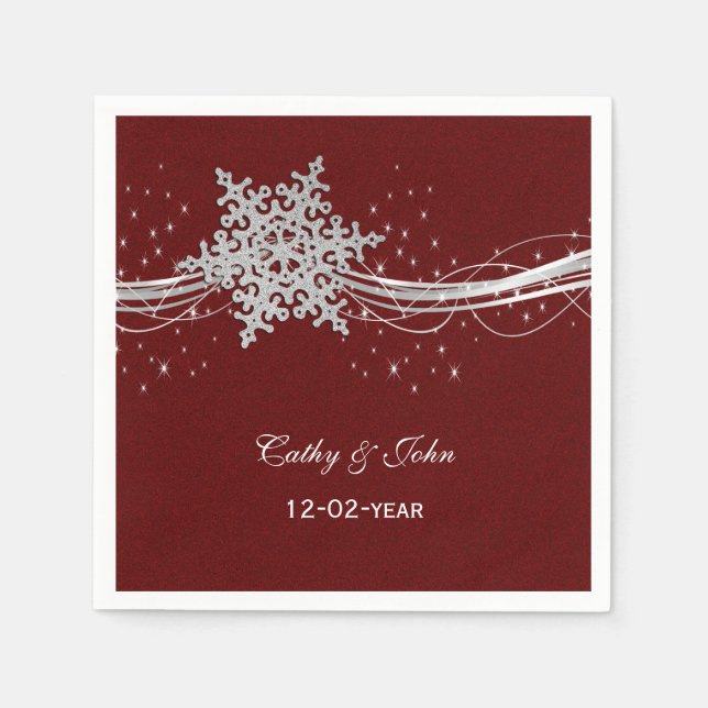 Papel Red Silver Snowflakes guardanapo de casamento pers (Frente)