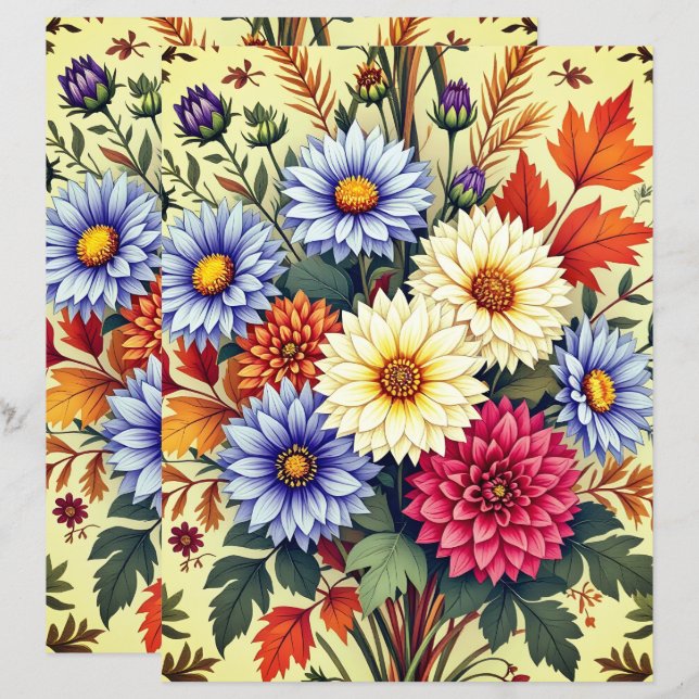 Papel Scrapbook Bouquet de Outono Asters e Dahlia (Frente/Verso)