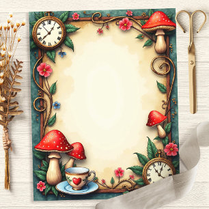Papel Scrapbook Cogumelos, Xícaras de Chá e Relógi