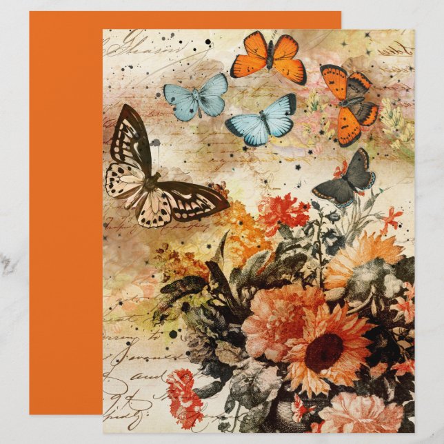 Papel Scrapbook de Colagem de Borboletas Laranja V (Frente/Verso)