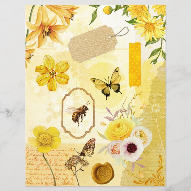 Papel Scrapbook de Colagem Floral Amarela (Frente)