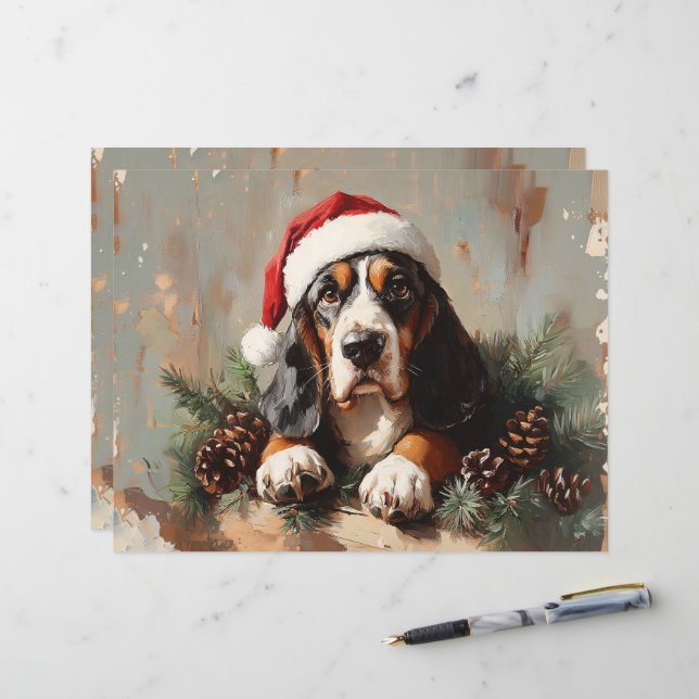 Papel Scrapbook de Pintura de Hound Santa Hat (Frente/Verso In Situ)