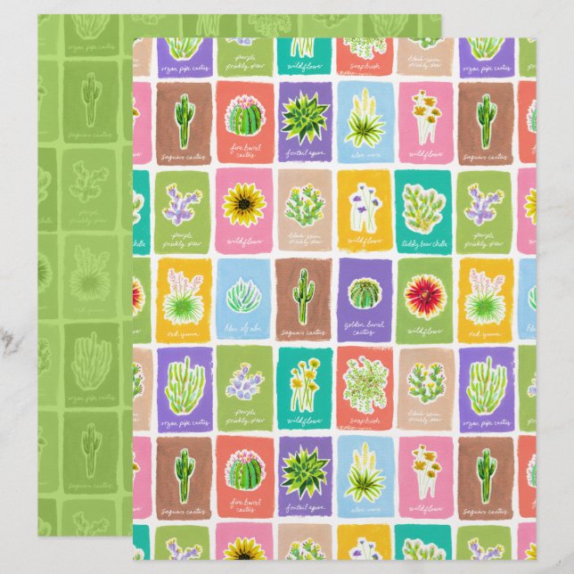 Papel Scrapbook de Plantas do Deserto (Frente/Verso)