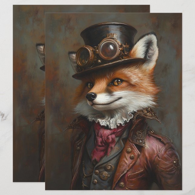 Papel Scrapbook de Raposa Steampunk Usando Óculos (Frente/Verso)
