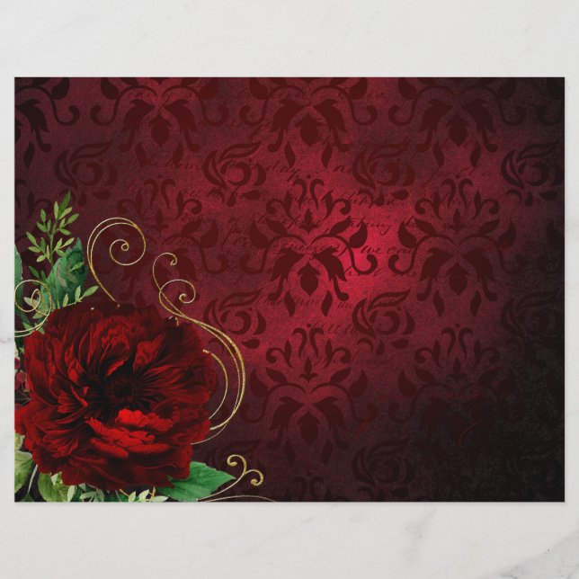 Papel Scrapbook de Rosa vermelha e Damasco Escuro (Frente)