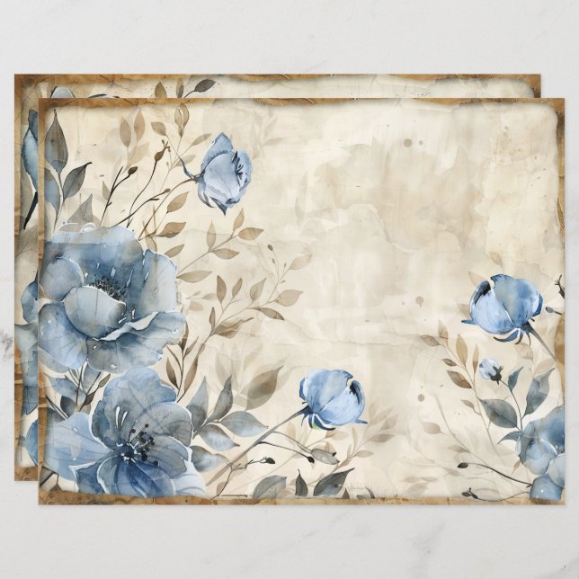 Papel Scrapbook Dusty Blue Floral (Frente/Verso)
