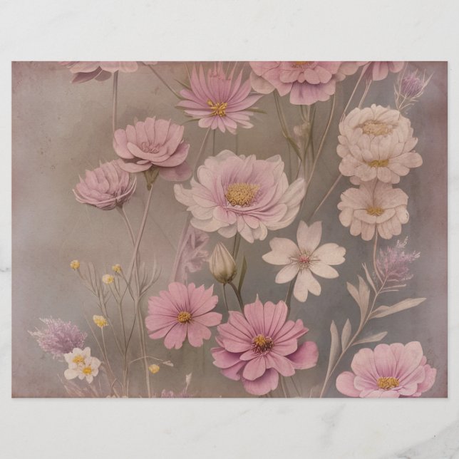 Papel Scrapbook Floral, Rosa-Rosa, Dusky (Frente)