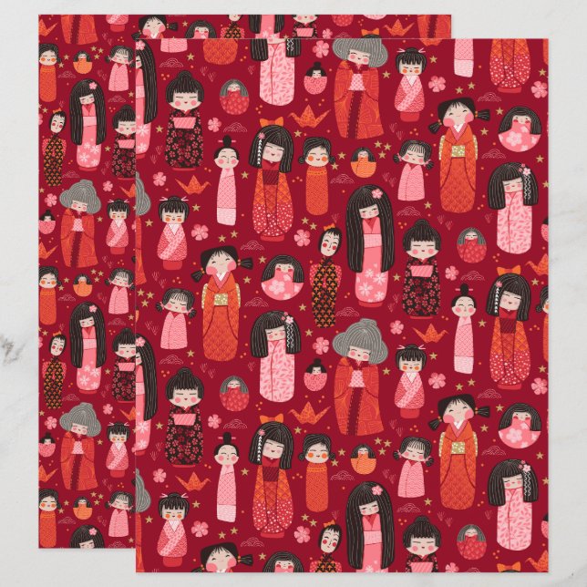 Papel Scrapbook japonês vermelho ilustrado (Frente/Verso)