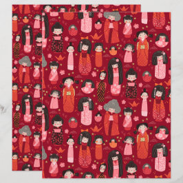 Papel Scrapbook japonês vermelho ilustrado
