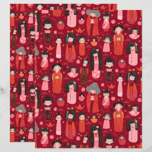 Papel Scrapbook japonês vermelho ilustrado