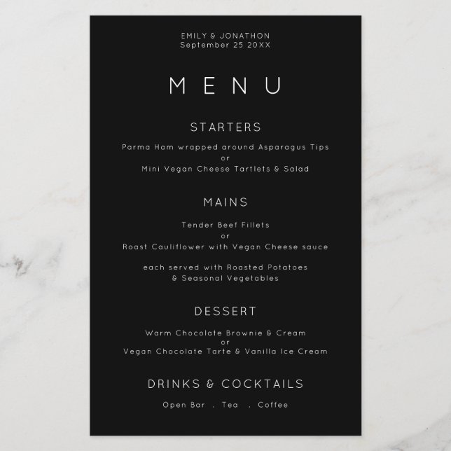 PAPEL | Simples Tipografia Menu Casamento Negro Br (Frente)