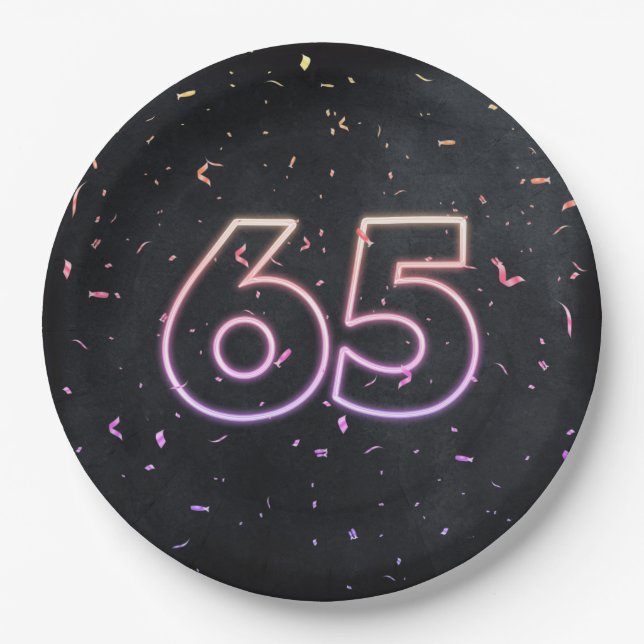 Papel Sinal de Neon de Aniversário de 65 anos em Prato d (Frente)