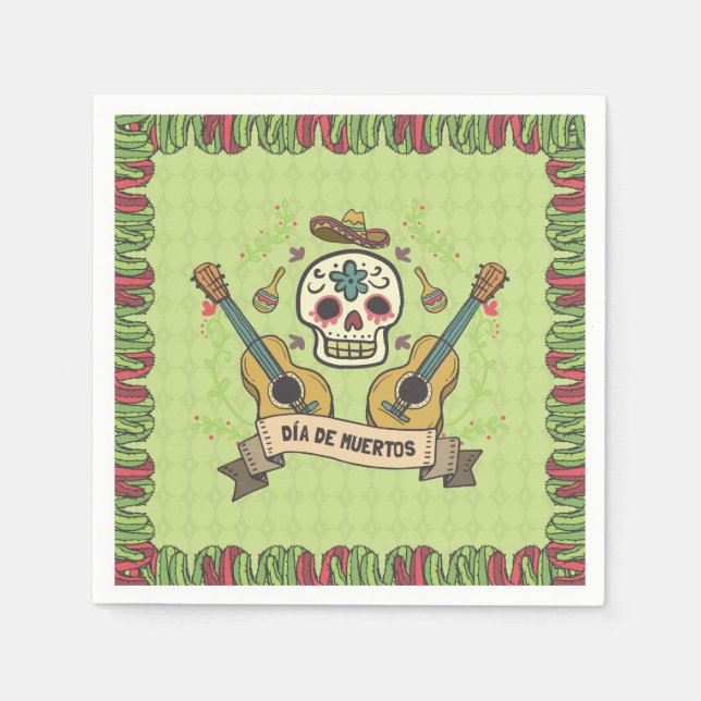 Papel Sugar Skull e Guitars Dia de Muertos | Guardanapo (Frente)
