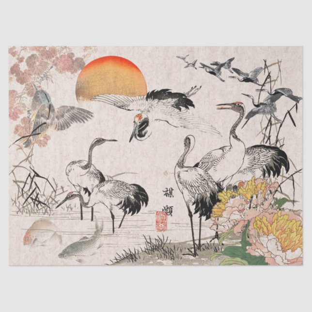 Papel Tecido Japonês Crane Birds Bairei Wildlife (Frente )