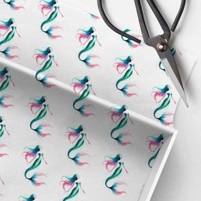Papel Tecido Sereia Padrão (Mermaid tissue paper in pattern watercolor shades of pink, blue and green)