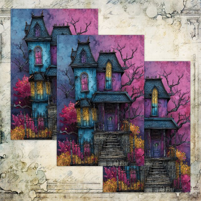 PAPEL TECNOLÓGICO DE DESCOUPAÇÃO DA CASA VIBRANTE (VIBRANT HAUNTED HOUSE DECOUPAGE TISSUE PAPER)