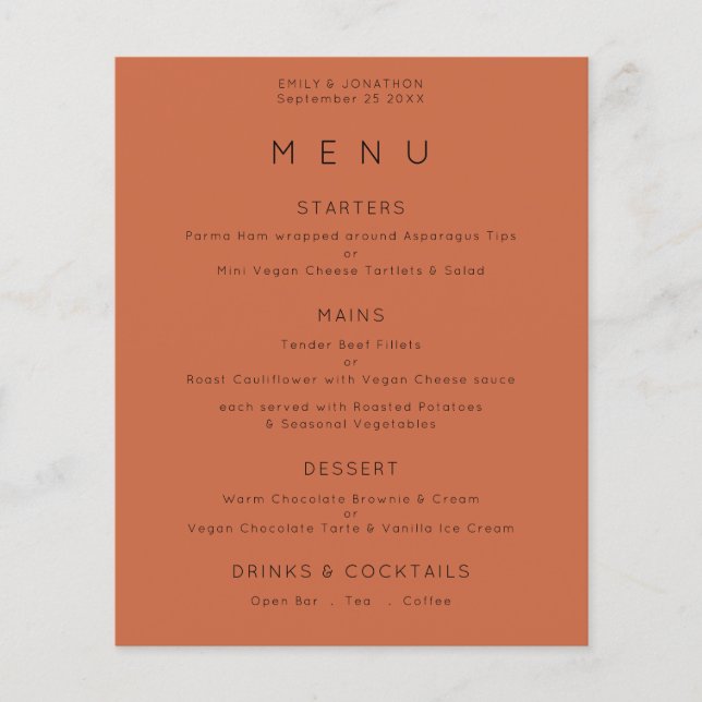 PAPEL | Texto simples Menu Casamento Terracotta (Frente)