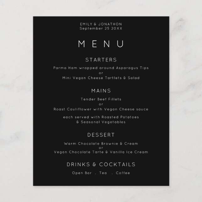 PAPEL | Texto Simples Preto Menu Casamento (Frente)