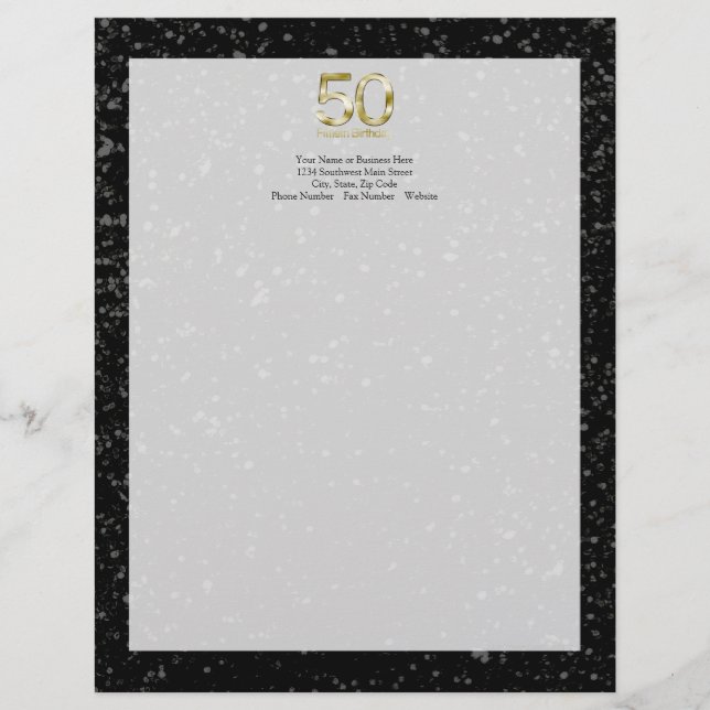 Papel Timbrado 50th Aniversário, encanto Dourado preto elegante (Frente)