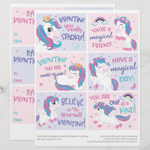 Papel Timbrado 6 Cartões de Dia de os namorados Unicorn para cri