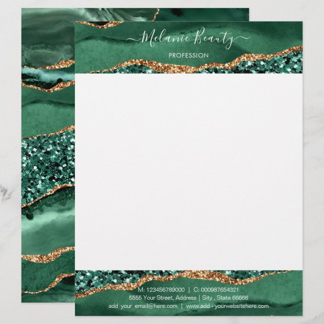 Papel Timbrado Agate Green Dourado Glitter Emerald Modern Letterh (Frente/Verso)