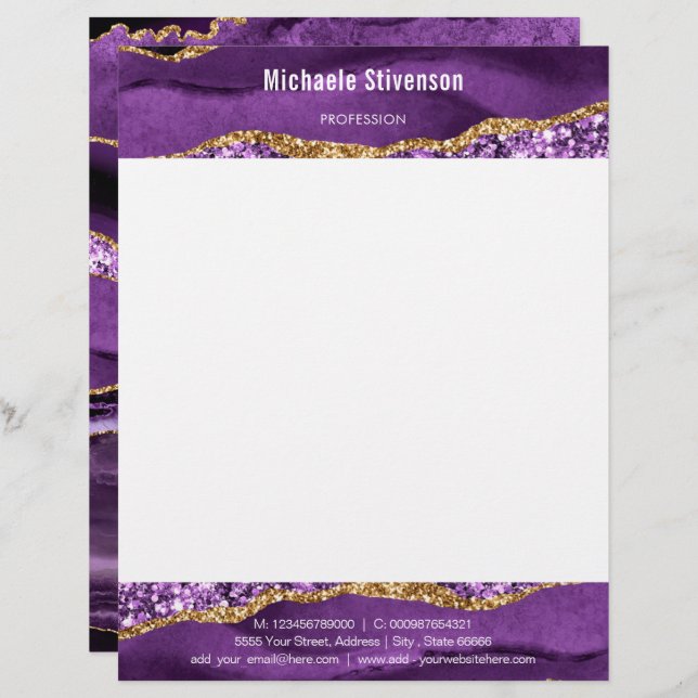 Papel Timbrado Agate Violet Dourado Glitter Modern Letterhead (Frente/Verso)