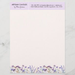 Papel Timbrado Amostra de flor selvagem roxa com aquarelas com en
