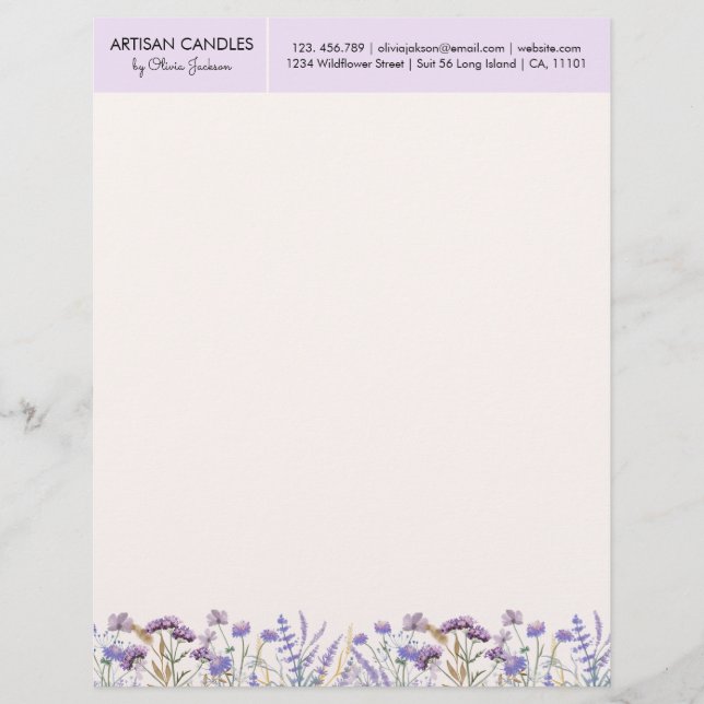 Papel Timbrado Amostra de flor selvagem roxa com aquarelas com en (Frente)