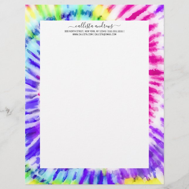 Papel Timbrado Artsy Neon Rainbow Tie Dye Watercolor Patterno (Frente)