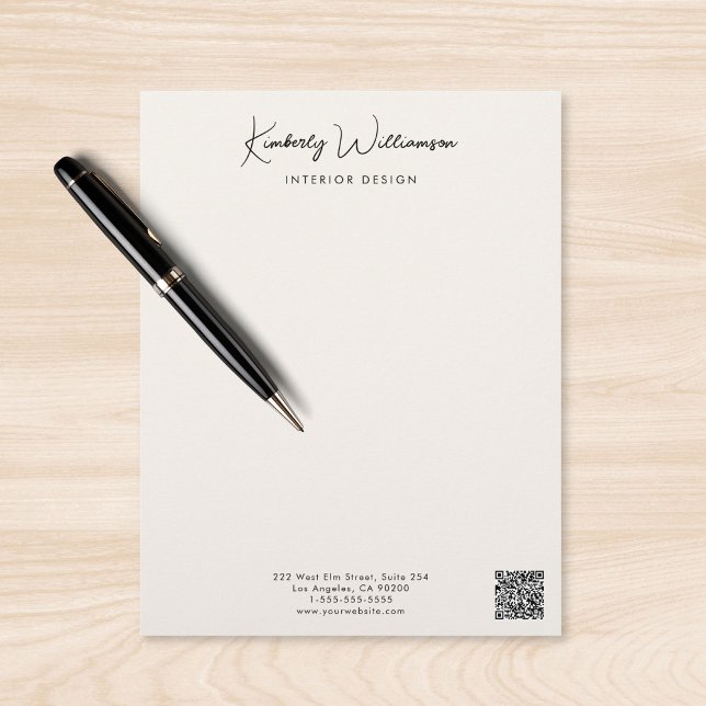 Papel Timbrado Assinatura do Nome da Empresa Script QR Code Creme (Business Name Signature Script QR Code Cream Letterhead)