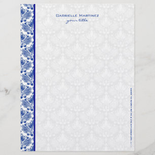 Papel Timbrado Azul Real & Branco Vintage - Damascos Florais