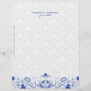 Papel Timbrado Azul Real e Branco Vintage - Damascos Florais e Su