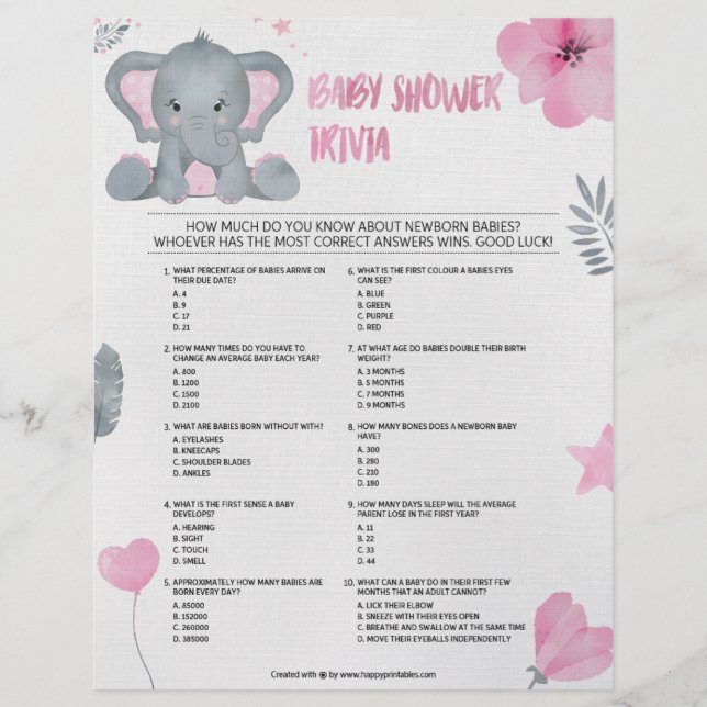 Papel Timbrado Baby Trivia [Baby Elephant [Rosa]] (Frente)