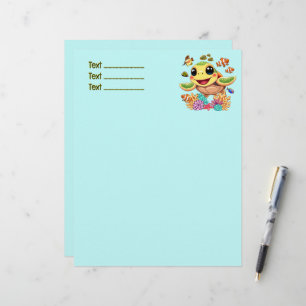 Papel Timbrado Bebê Tartaruga Marinha Feliz e Fofo Personagem