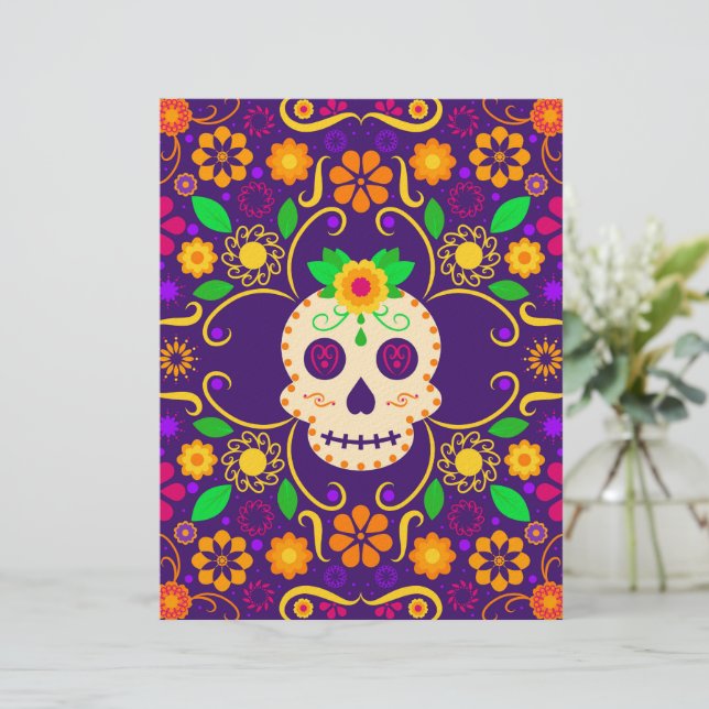 Papel Timbrado Belo crânio com flores Día de los Muertos (Em pé/Frente)