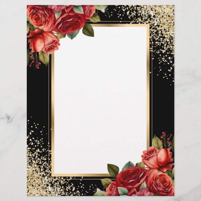 Papel Timbrado Black Gold Glitter Red Roses Photo (Frente)