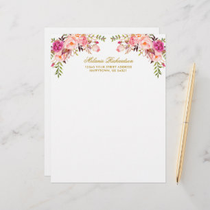 Papel Timbrado Blush Cor-de-Água Rosa Floral Dourado Personalizad