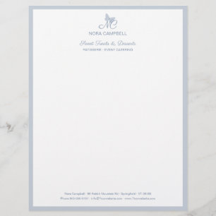Papel Timbrado Borboleta Elegante Monograma Dusty Borda Azul