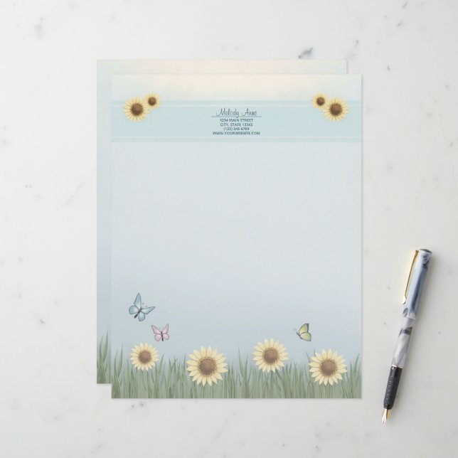 Papel Timbrado Borboleta Flor de Girassol (Frente/Verso In Situ)