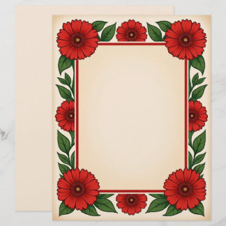 Papel Timbrado Bright Red Flowers & Frame Stationery Paper