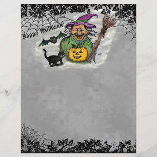 Papel Timbrado Bruxa, Gato, Bat e Pumpkin, Feliz Halloween!