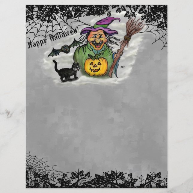 Papel Timbrado Bruxa, Gato, Bat e Pumpkin, Feliz Halloween! (Frente)