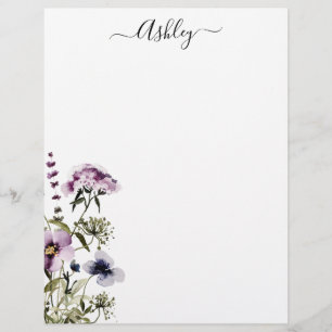 Papel Timbrado Buquê de Flores Silvestres Roxas Floral Aquarela
