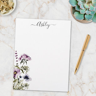 Papel Timbrado Buquê de Flores Silvestres Roxas Floral Aquarela