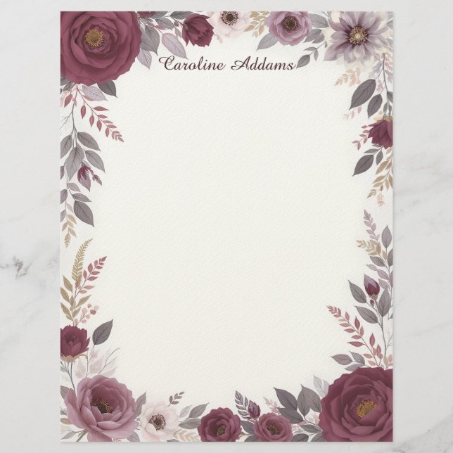 Papel Timbrado Burgundy and Gray Floral Stationery Paper (Frente)