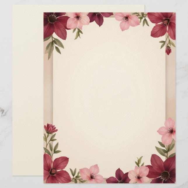 Papel Timbrado Burgundy and Pink Border Stationery Paper (Frente/Verso)